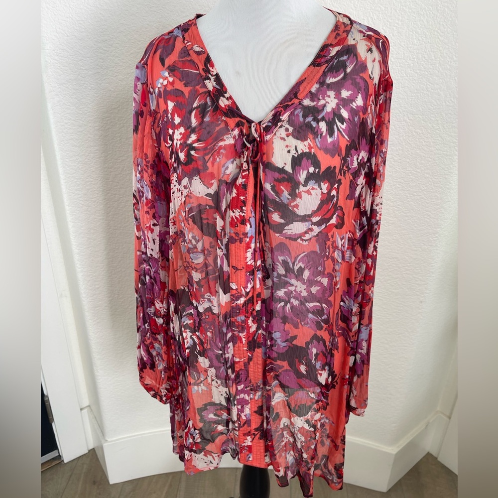 Luckily Brand lace-up sheer blouse multi-color red US size 2X